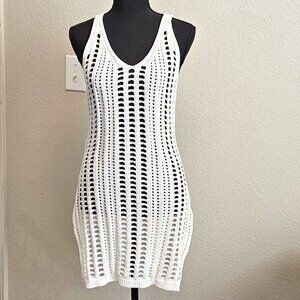 Women's Swim Beach Cover Up Cotton White Crochet Sleeveless Small